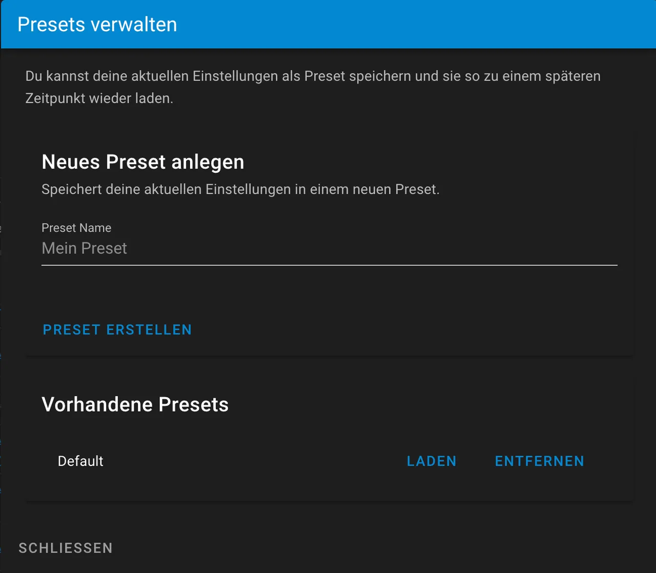 Screenshot der Presets Funktion